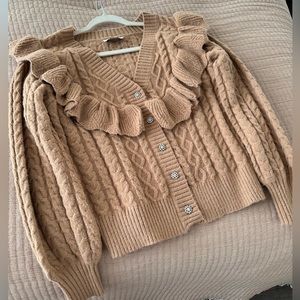 Brown Ruffle Vneck cardigan with diamond button details